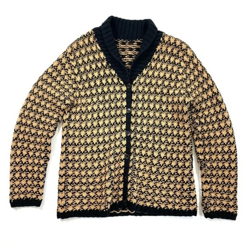 Talbots Vintage Granny Hand knit Cardigan Sweater Black Tan